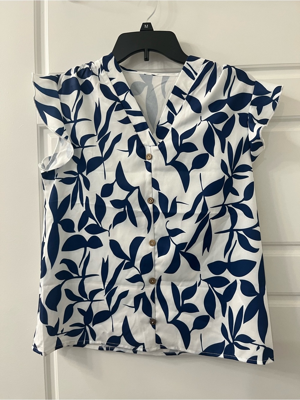 SHEIN White V-Neck Button Front Top with Navy Leaf Print